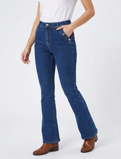 Jean flare à poches boutonnées - Bleu denim