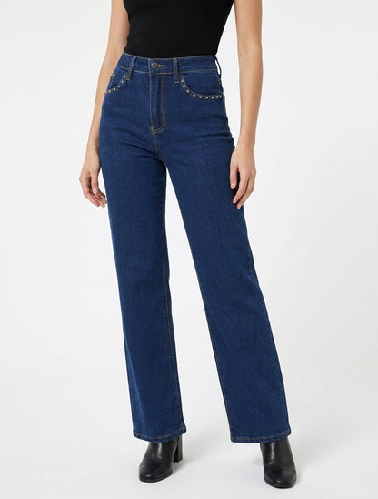 Jean à poches cloutées wide leg - Bleu denim