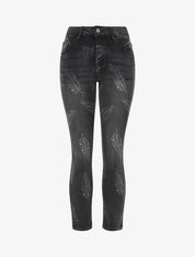 Jean skinny taille haute imprimé plumes - Gris anthracite - 1
