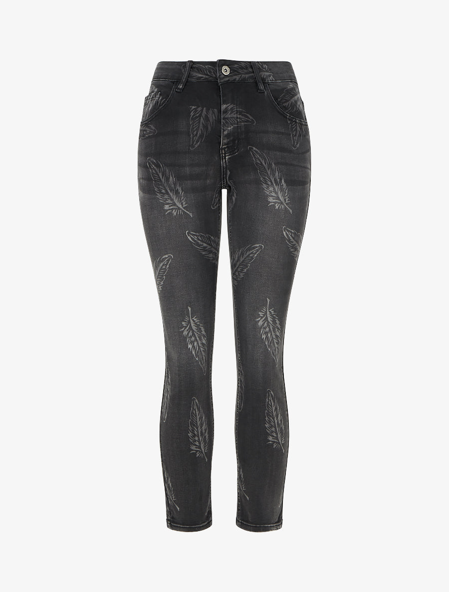 Jean skinny taille haute imprimé plumes - Gris anthracite - 1
