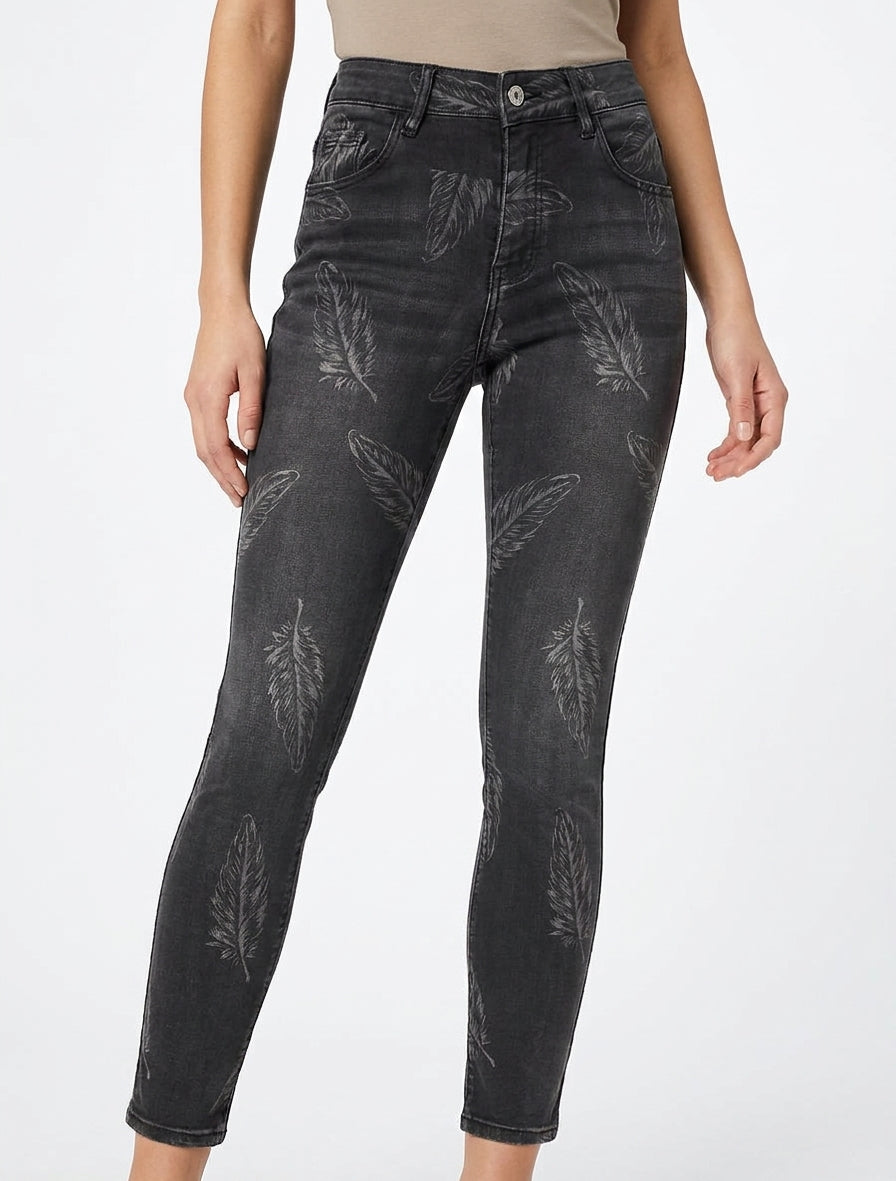 Jean skinny taille haute imprimé plumes - Gris anthracite