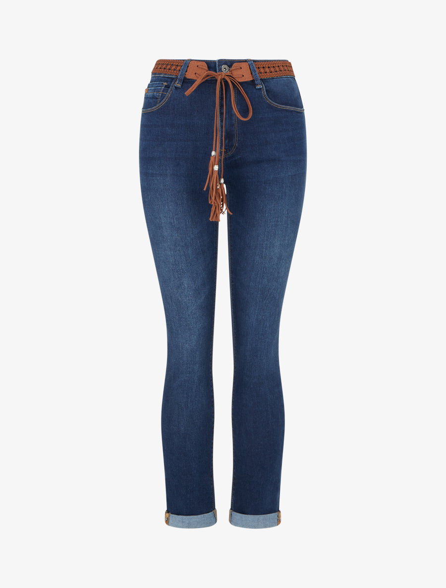 Jean à revers et ceinture à nouer - Bleu denim - 1