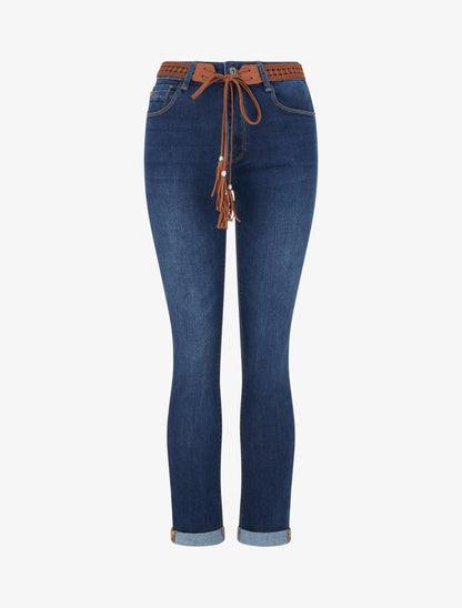 Jean à revers et ceinture à nouer - Bleu denim - 1