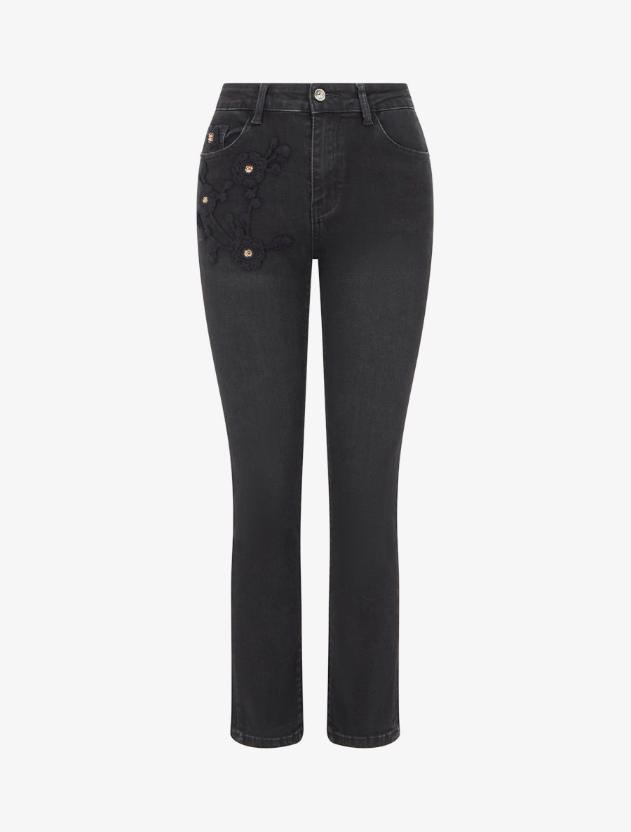 Jean à empiècement broderie floral coupe slim - Noir - 1