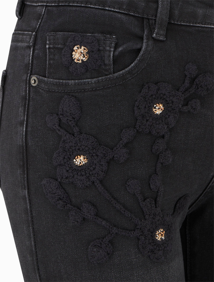 Jean à empiècement broderie floral coupe slim - Noir - 3