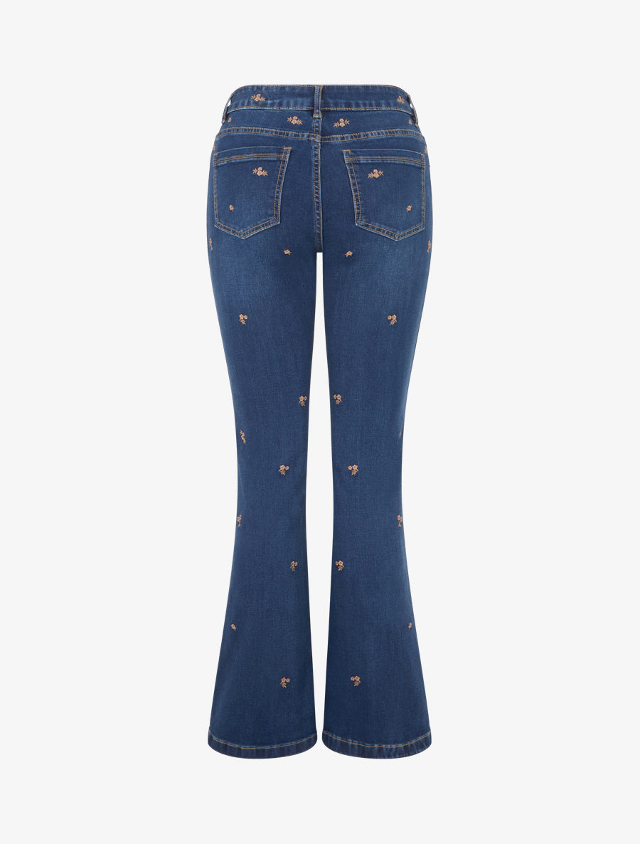 Jean à petites fleurs brodées coupe flare - Bleu denim - 2