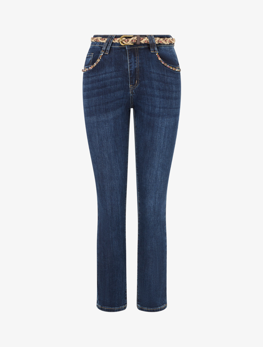 Jean à empiècement perles coupe skinny - Bleu denim - 1