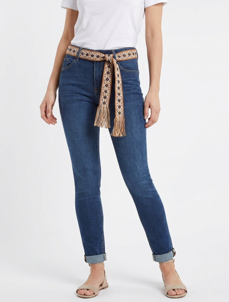 Jean slim à ceinture graphique et bords à ourlet - Bleu denim