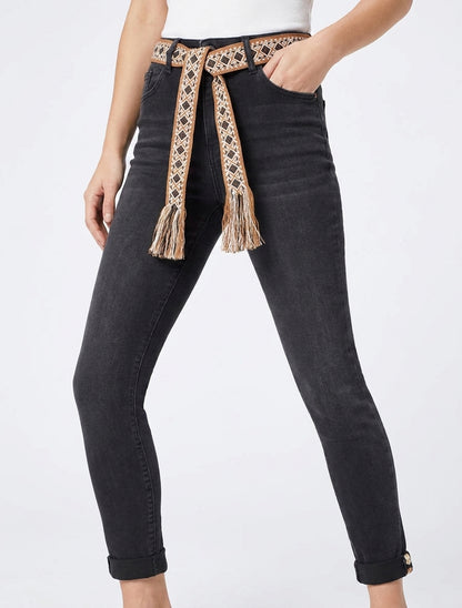 Jean slim à ceinture graphique et bords à ourlet - Gris anthracite