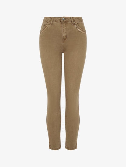 Jean skinny à poches à sequins - Marron clair - 1