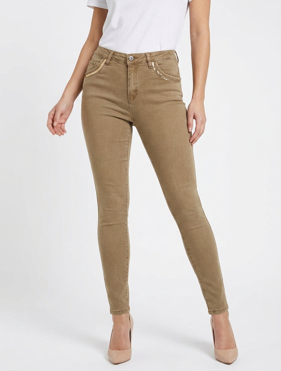 Jean skinny à poches à sequins - Marron clair