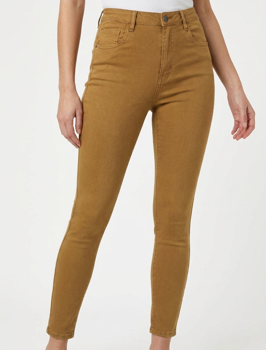 Jeans skinny effen met hoge taille - Mosterdgeel
