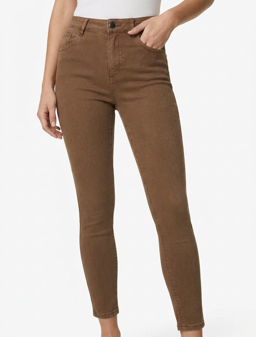 Jeans skinny effen met hoge taille - Bruin