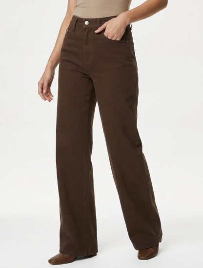 Jean wide leg uni à taille haute - Marron