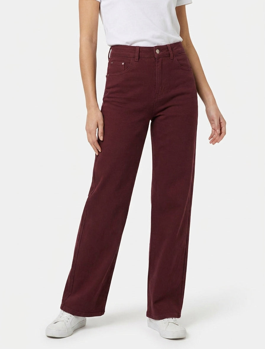 Jean met wijde pijpen en hoge taille in effen kleur - Bordeaux