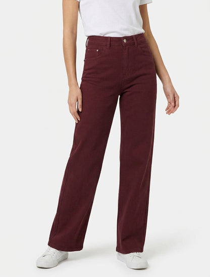 Jean met wijde pijpen en hoge taille in effen kleur - Bordeaux
