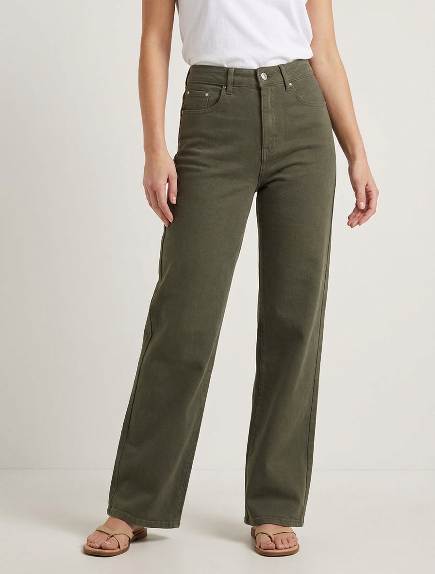 Jean met wijde pijpen en hoge taille in effen kleur - Kaki