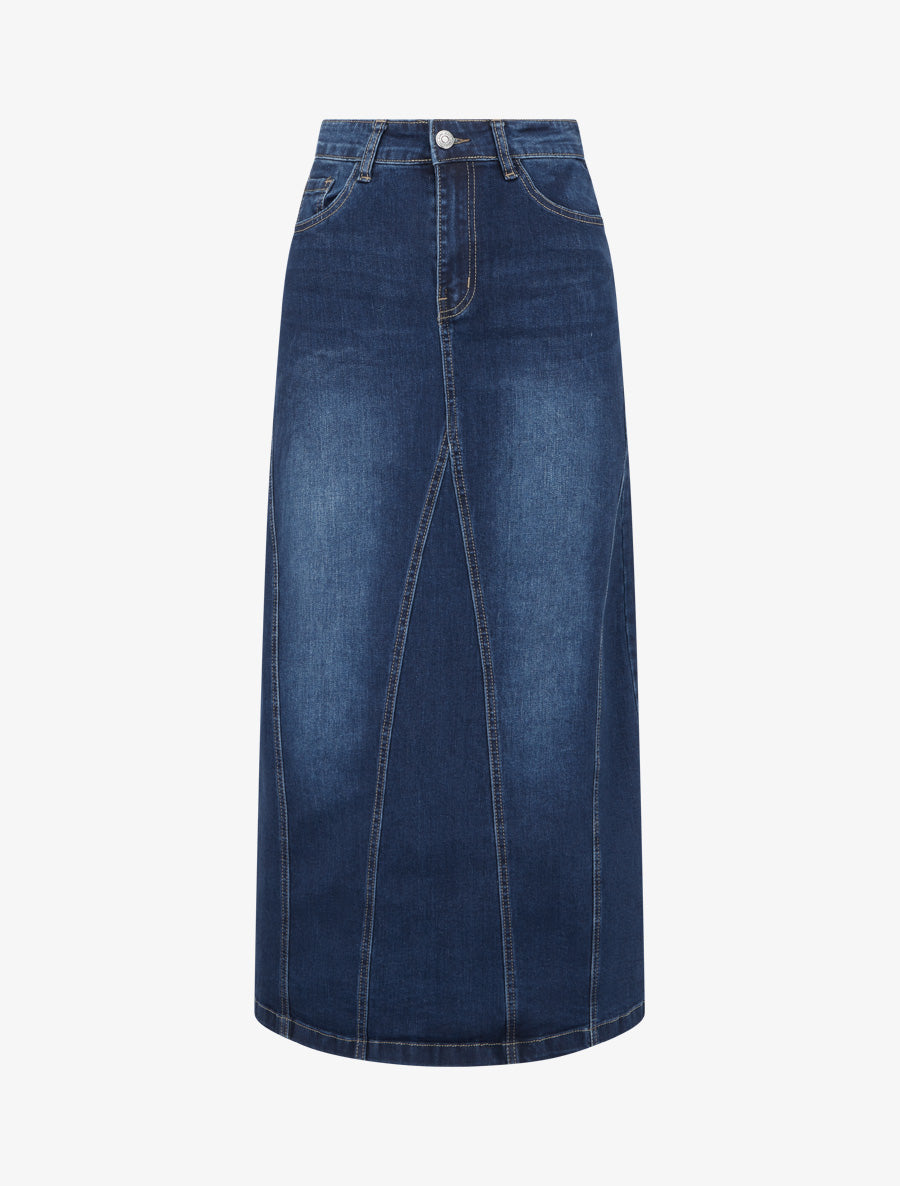 Jupe longue coupe droite en jean à coutures apparentes - Bleu - 1