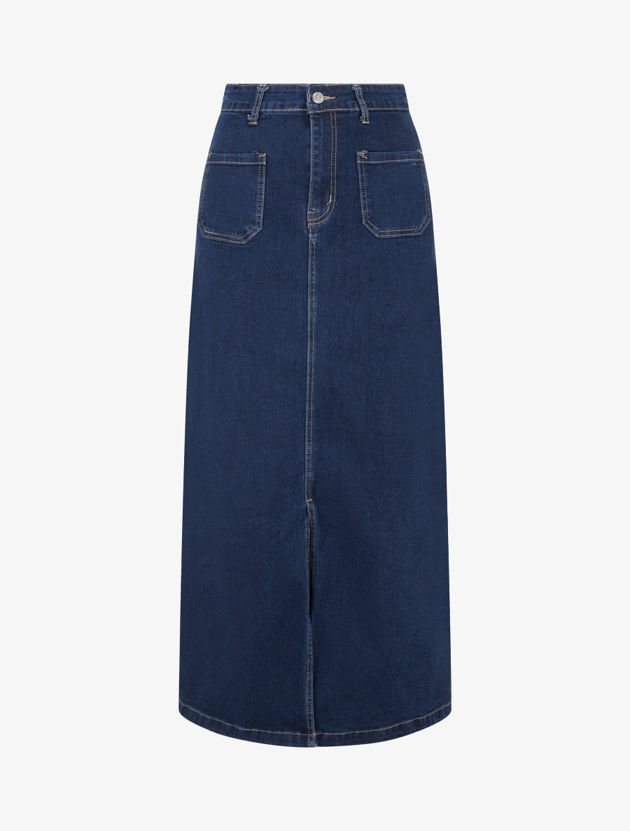 Jupe longue coupe droite en jean à 4 poches - Bleu - 1