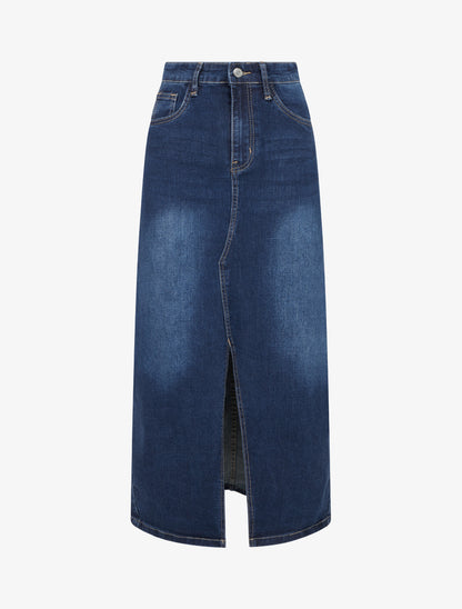 Jupe longue coupe droite en jean fendue - Bleu - 1