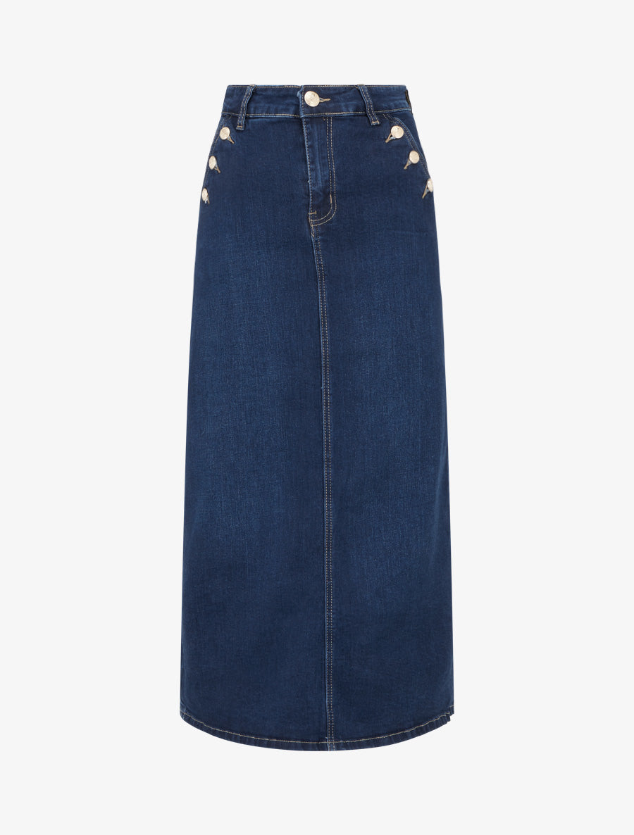 Jupe longue en jean poches boutonnées - Bleu - 1