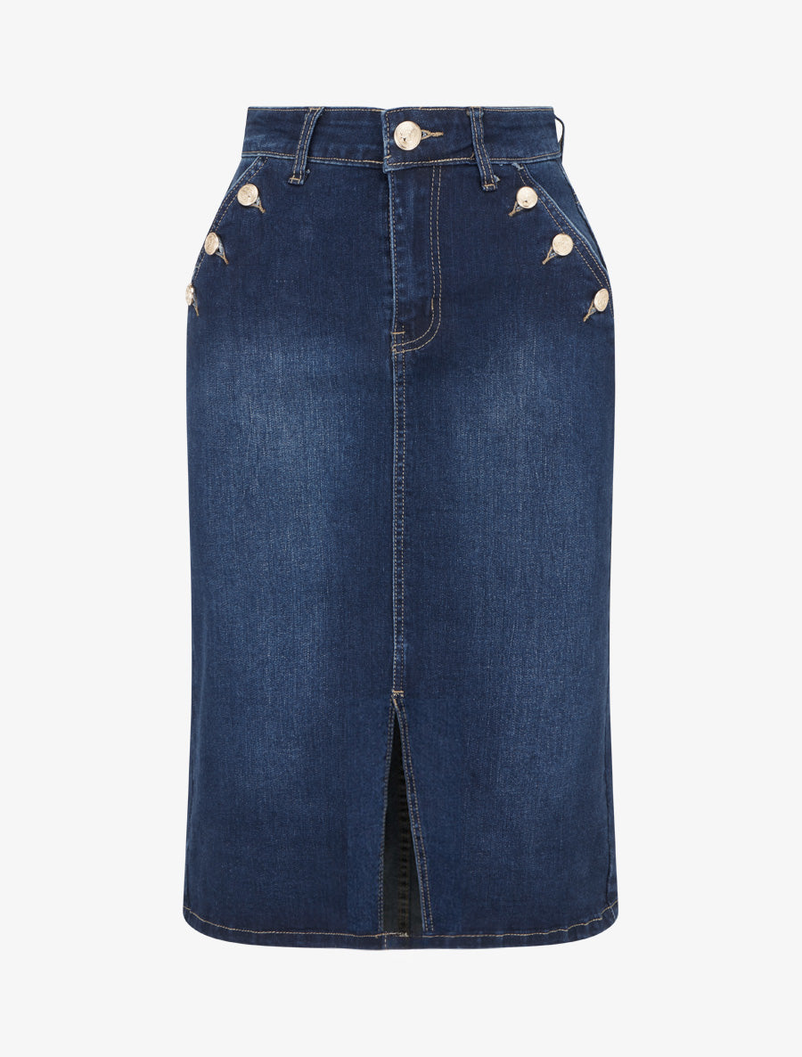 Jupe mi-longue en jean poches boutonnées - Bleu - 1