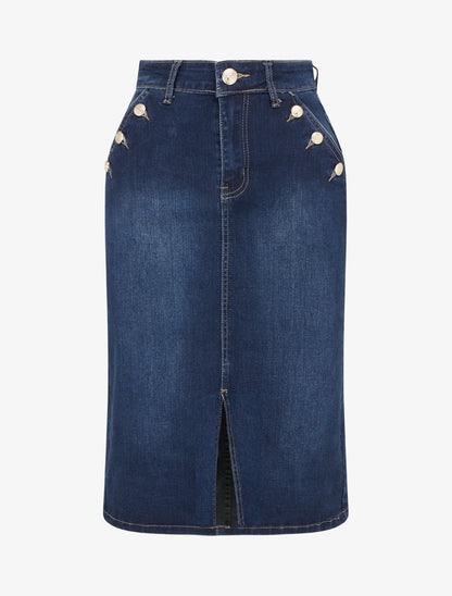 Jupe mi-longue en jean poches boutonnées - Bleu - 1