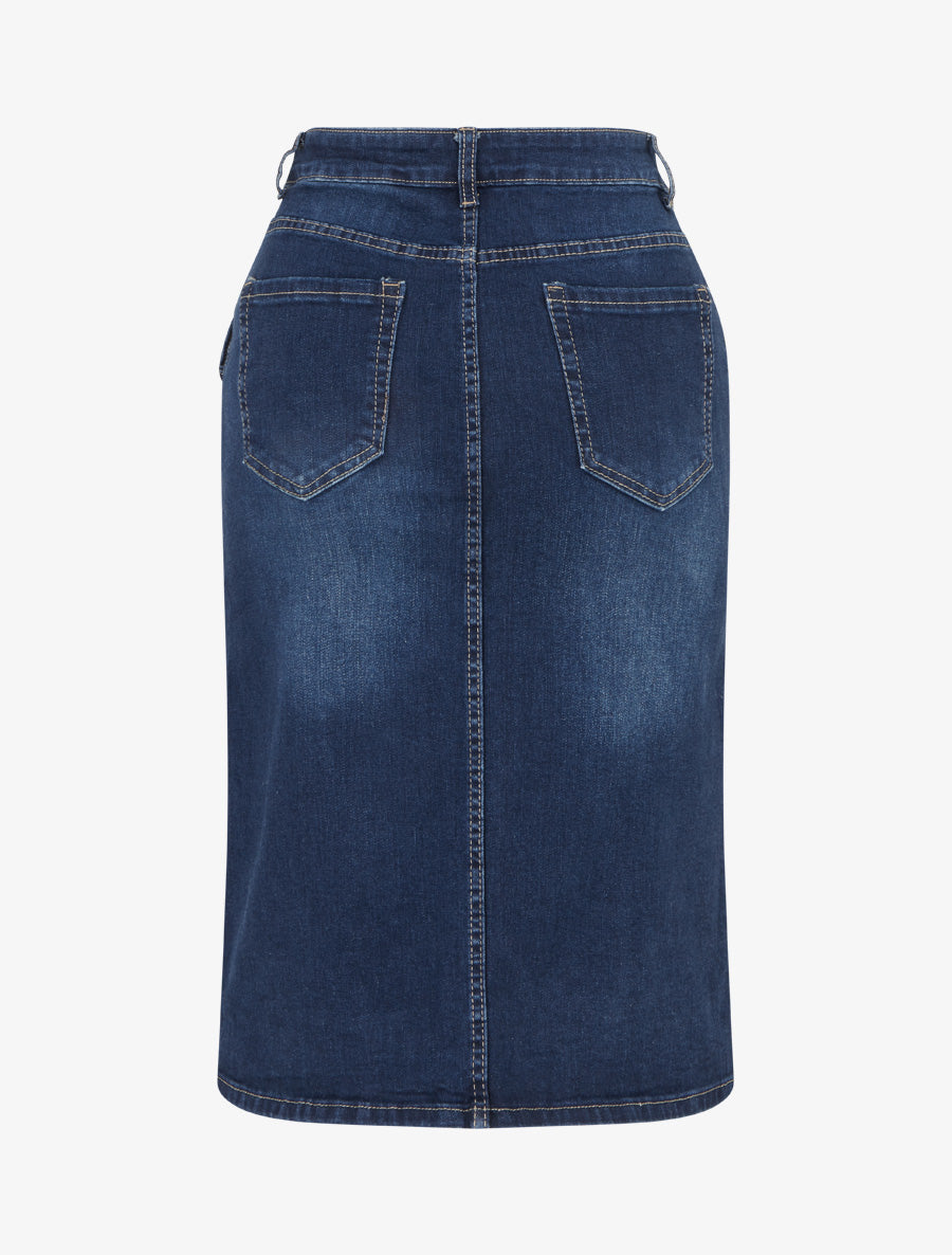 Jupe mi-longue en jean poches boutonnées - Bleu - 2