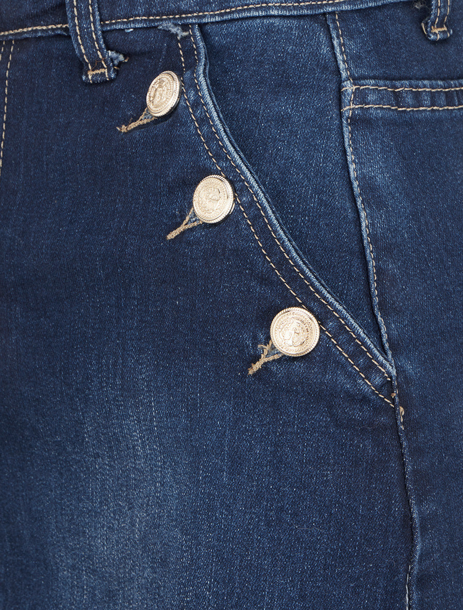 Jupe mi-longue en jean poches boutonnées - Bleu - 3
