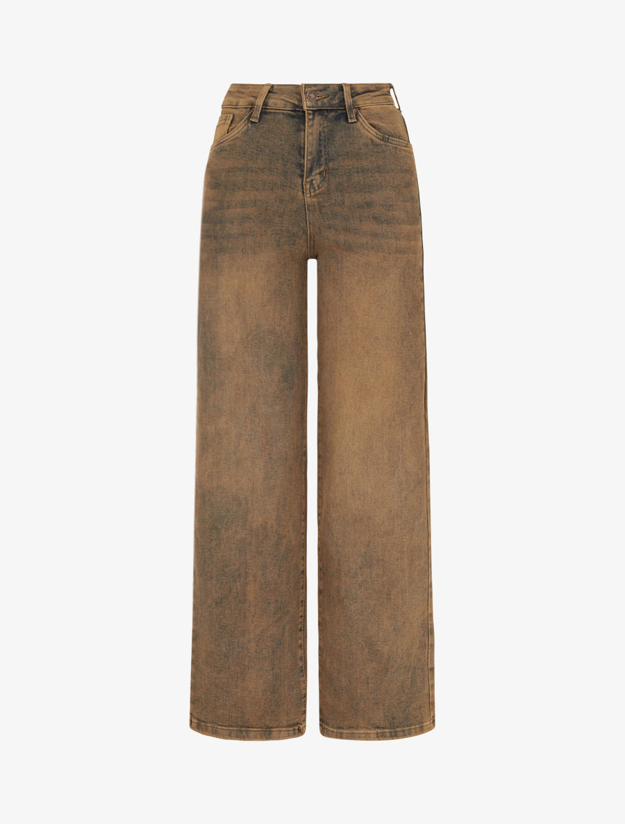 Jean wide leg taille haute effet délavé - Camel - 1