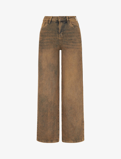 Jean wide leg taille haute effet délavé - Camel - 1