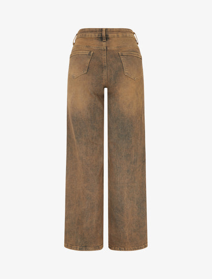 Jean wide leg taille haute effet délavé - Camel - 2