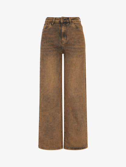 Jean ample taille haute effet délavé - Camel - 1
