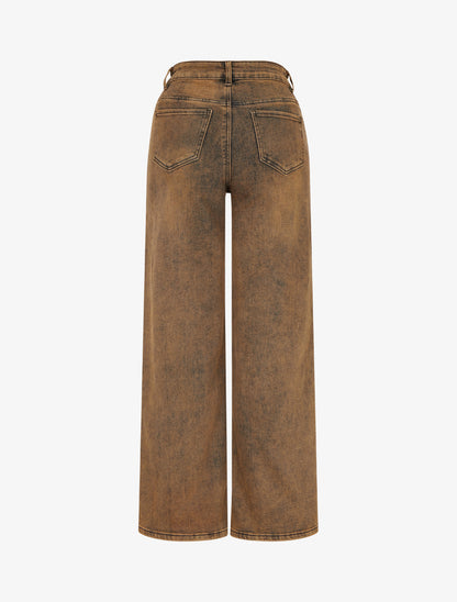 Jean ample taille haute effet délavé - Camel - 2