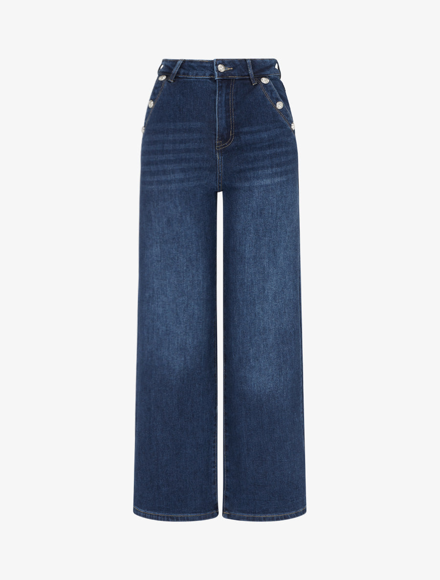 Jean wide leg délavé à poches à boutons décoratifs - Bleu - 1