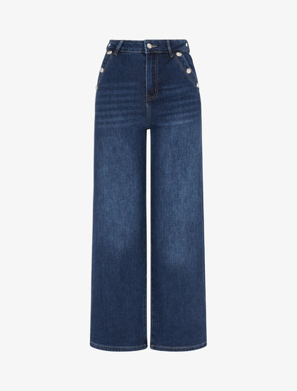Jean wide leg délavé à poches à boutons décoratifs - Bleu - 1