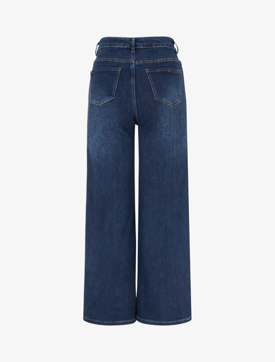Jean wide leg délavé à poches à boutons décoratifs - Bleu - 2