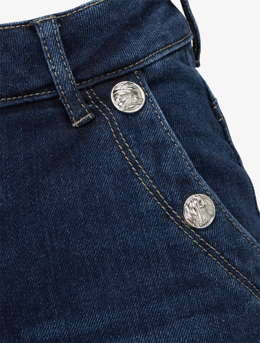 Jean wide leg délavé à poches à boutons décoratifs - Bleu - 3
