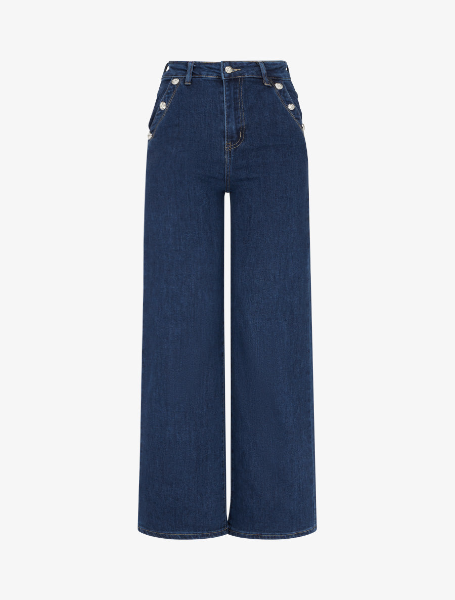 Jean wide leg à poches boutonnées - Bleu denim - 1