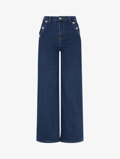 Jean wide leg à poches boutonnées - Bleu denim - 1