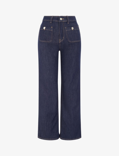 Jean wide leg taille haute avec poches plaquées à boutons décoratifs - Bleu brut - 1