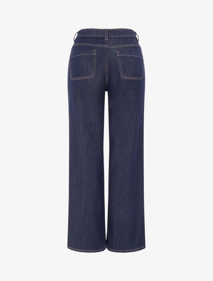 Jean wide leg taille haute avec poches plaquées à boutons décoratifs - Bleu brut - 2