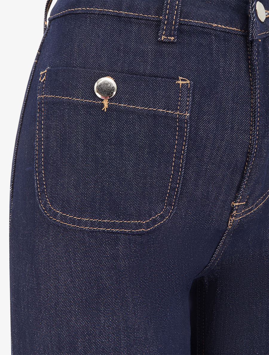 Jean wide leg taille haute avec poches plaquées à boutons décoratifs - Bleu brut - 3