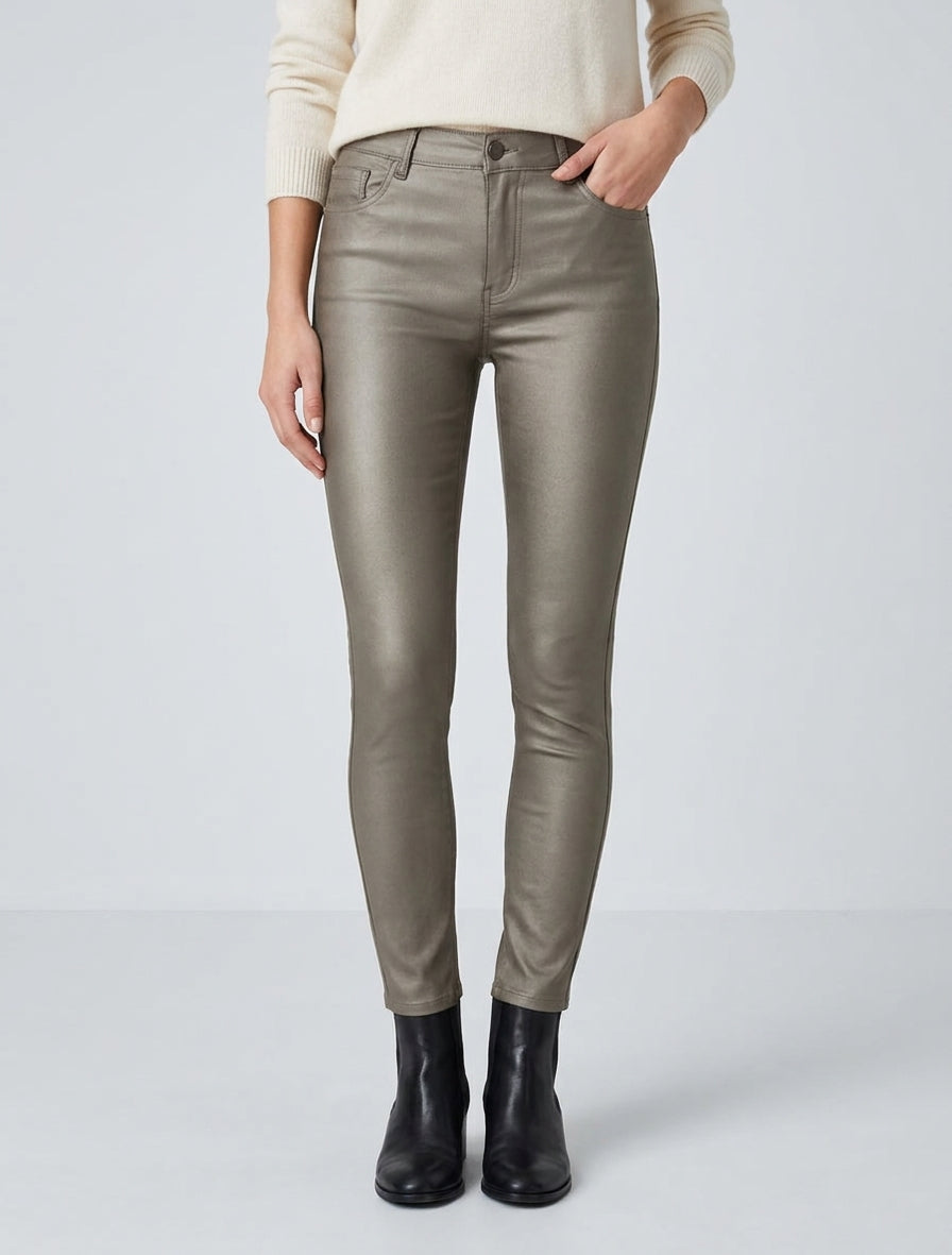 Pantalon slim en simili effet enduit - Or foncé