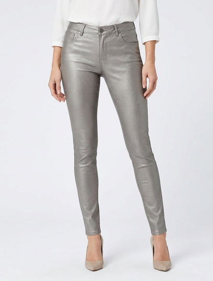 Pantalon slim en simili effet enduit - Gris taupe