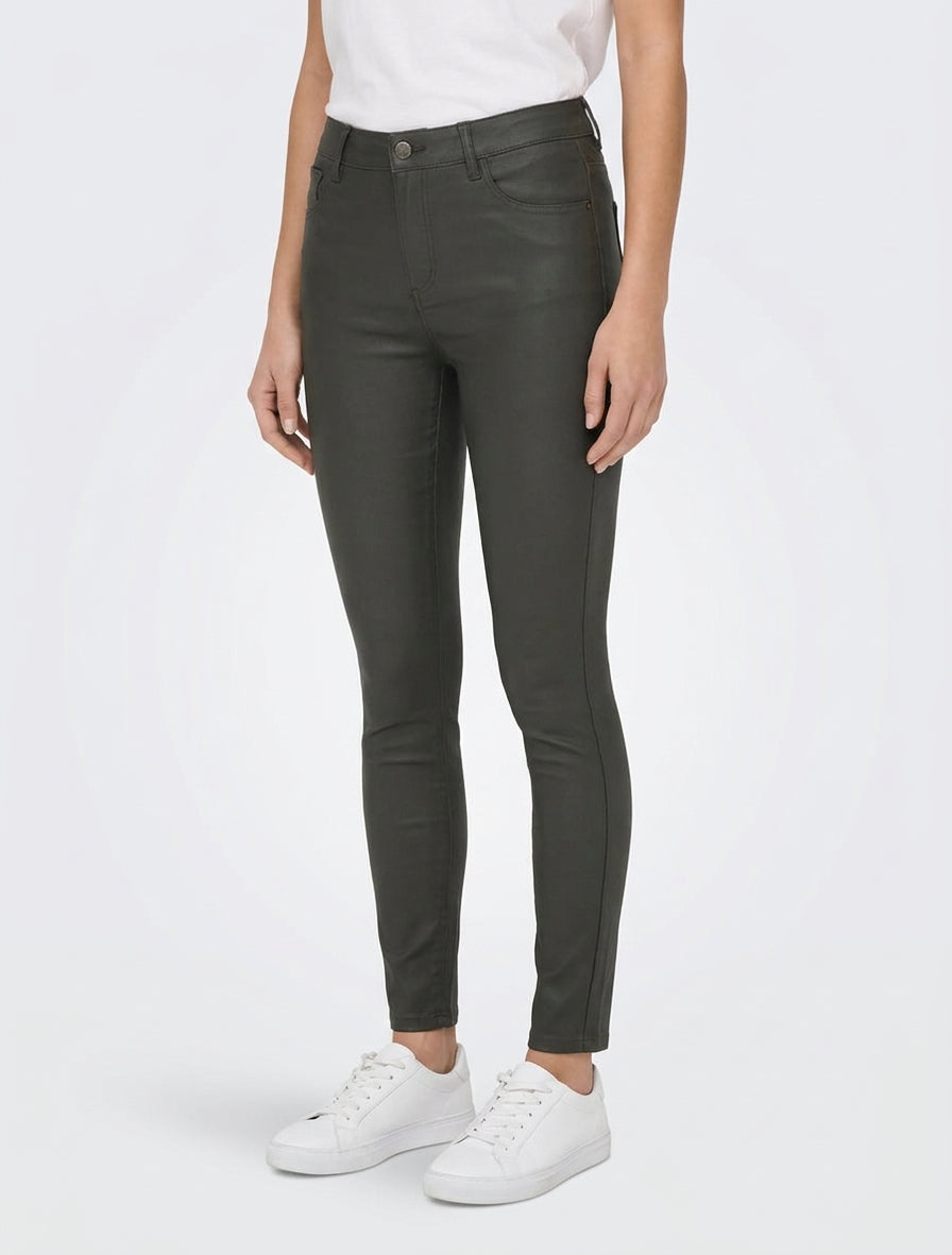 Pantalon slim en simili effet enduit - Kaki foncé