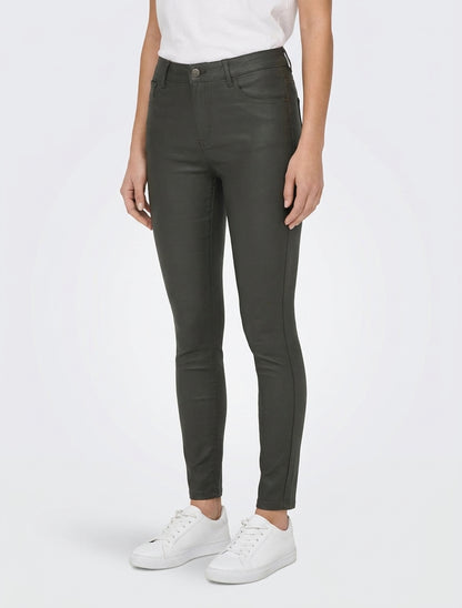 Pantalon slim en simili effet enduit - Kaki foncé