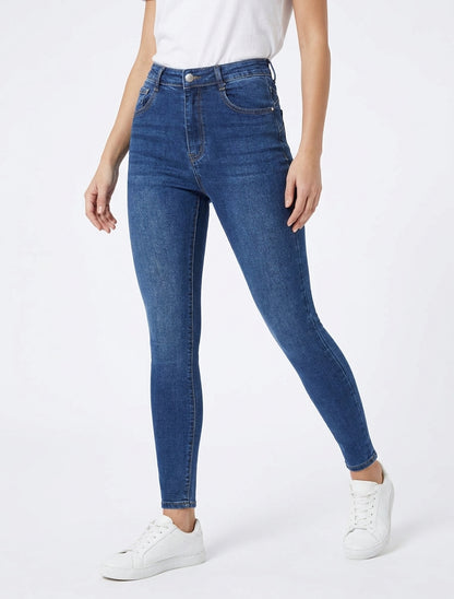 Jean skinny grande taille délavé - Bleu denim