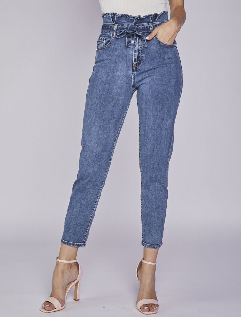 Jean boyfriend 7/8 taille haute - Bleu denim - 1