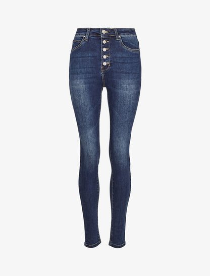 Jean skinny taille haute à boutons - Bleu denim - 3